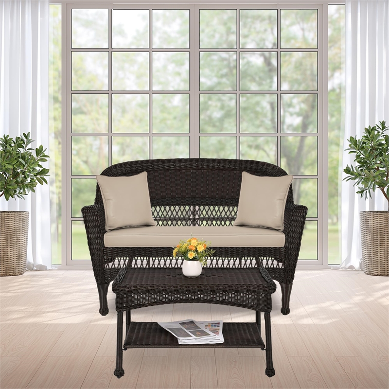 Pemberly Row Patio Love Seat and Coffee Table Set in Black with Tan Cushion
