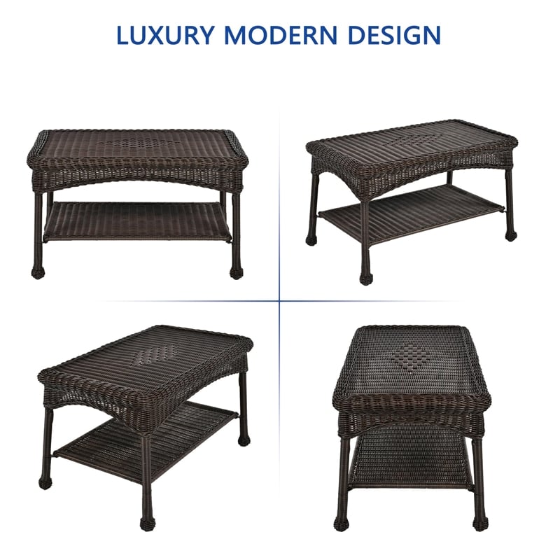 Pemberly Row Patio Love Seat and Coffee Table Set in Black with Brown Cushion
