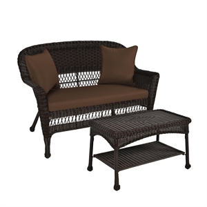 Pemberly Row Patio Love Seat and Coffee Table Set in Black with Brown Cushion