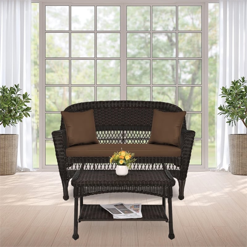 Pemberly Row Patio Love Seat and Coffee Table Set in Black with Brown Cushion