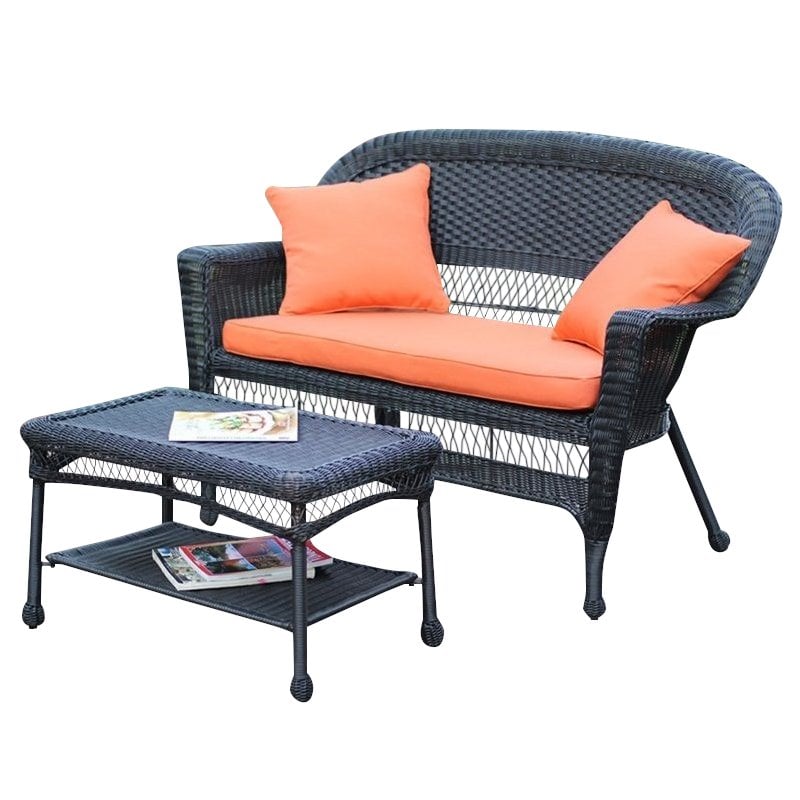 Pemberly Row Patio Love Seat and Coffee Table Set in Black with Orange Cushion