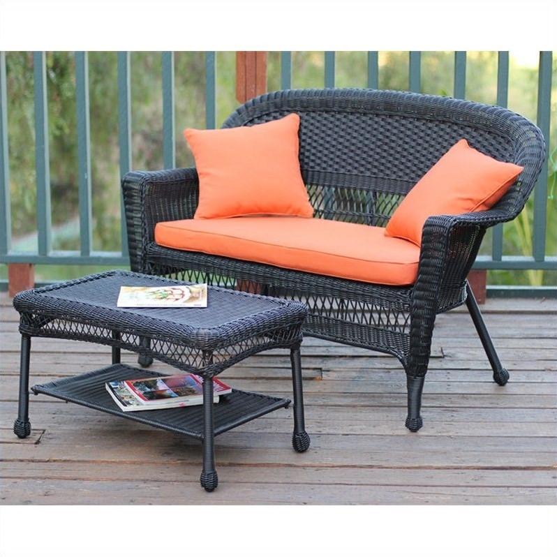 Pemberly Row Patio Love Seat and Coffee Table Set in Black with Orange Cushion