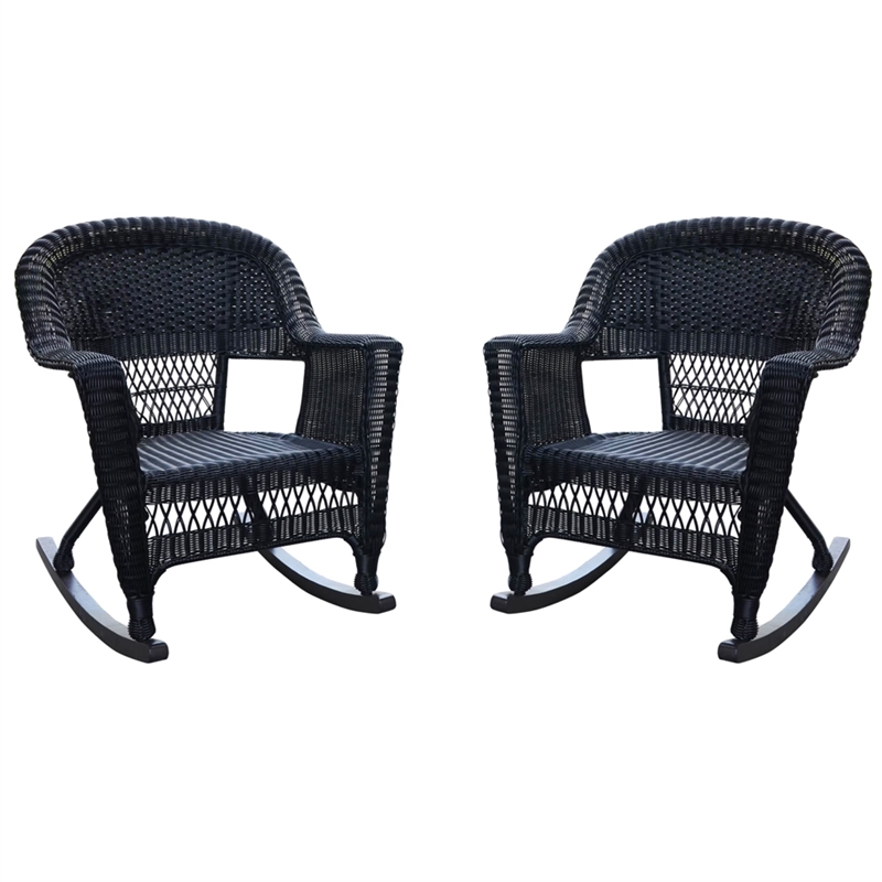 Pemberly Row Wicker Rocker Chair in Black with Tan Cushion (Set of 2)