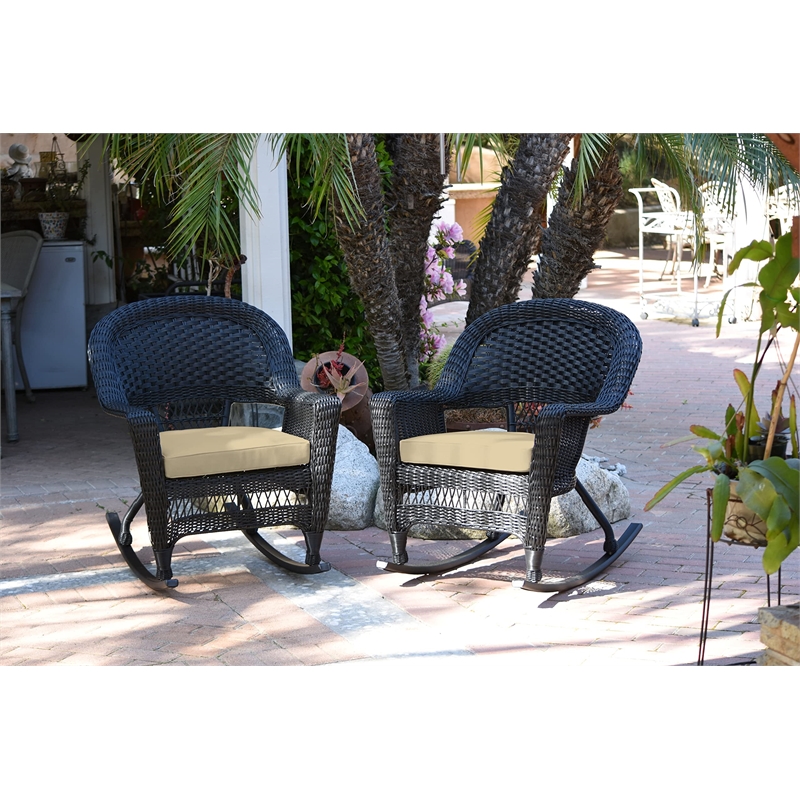 Pemberly Row Wicker Rocker Chair in Black with Tan Cushion (Set of 2)