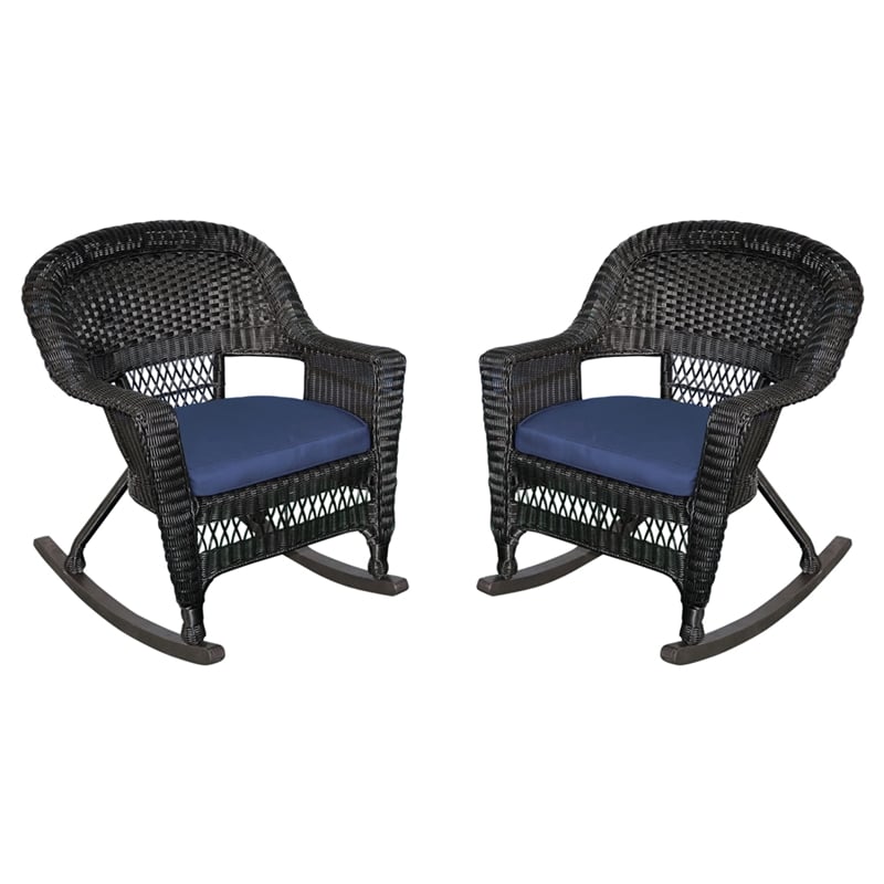 Pemberly Row Wicker Rocker Chair in Black with Blue Cushion (Set of 2)