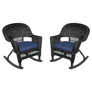 Pemberly Row Wicker Rocker Chair in Black with Blue Cushion (Set of 2)