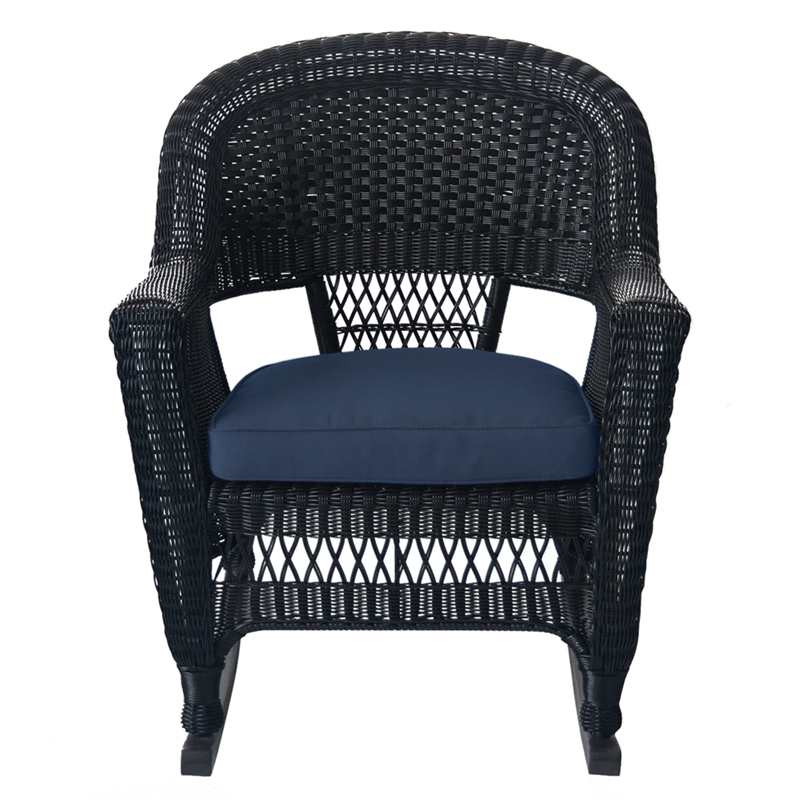 Pemberly Row Wicker Rocker Chair in Black with Blue Cushion (Set of 2)