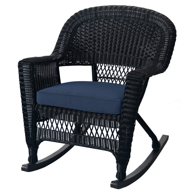 Pemberly Row Wicker Rocker Chair in Black with Blue Cushion (Set of 2)