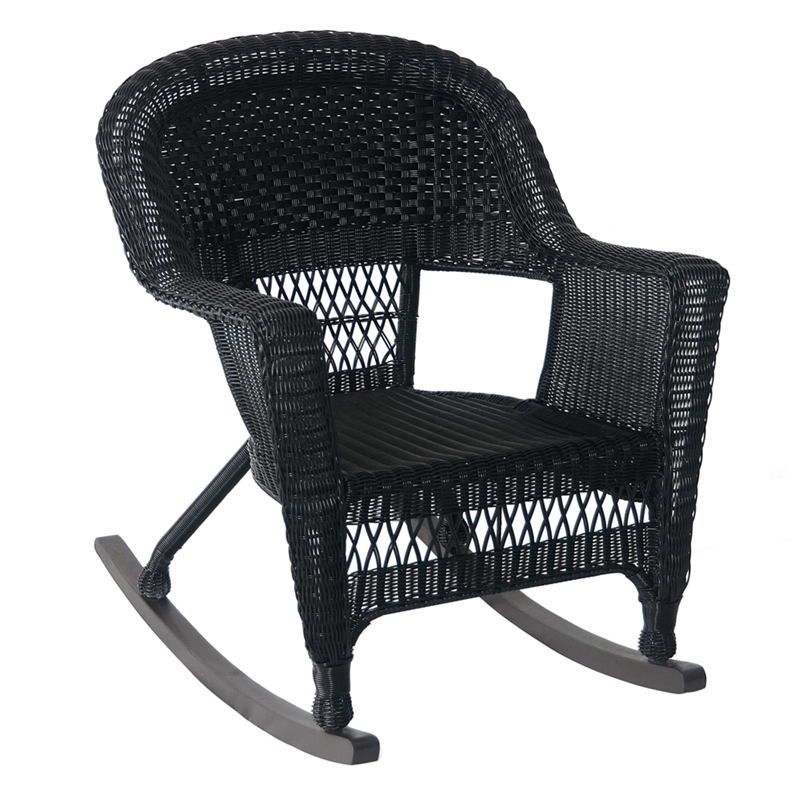 Pemberly Row Wicker Rocker Chair in Black with Blue Cushion (Set of 2)