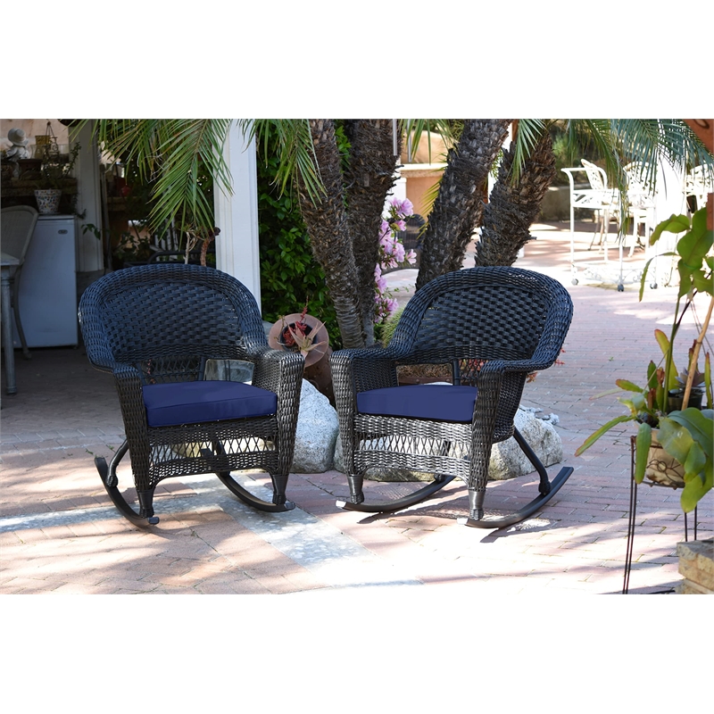 Pemberly Row Wicker Rocker Chair in Black with Blue Cushion (Set of 2)