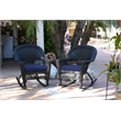 Pemberly Row Wicker Rocker Chair in Black with Blue Cushion (Set of 2)