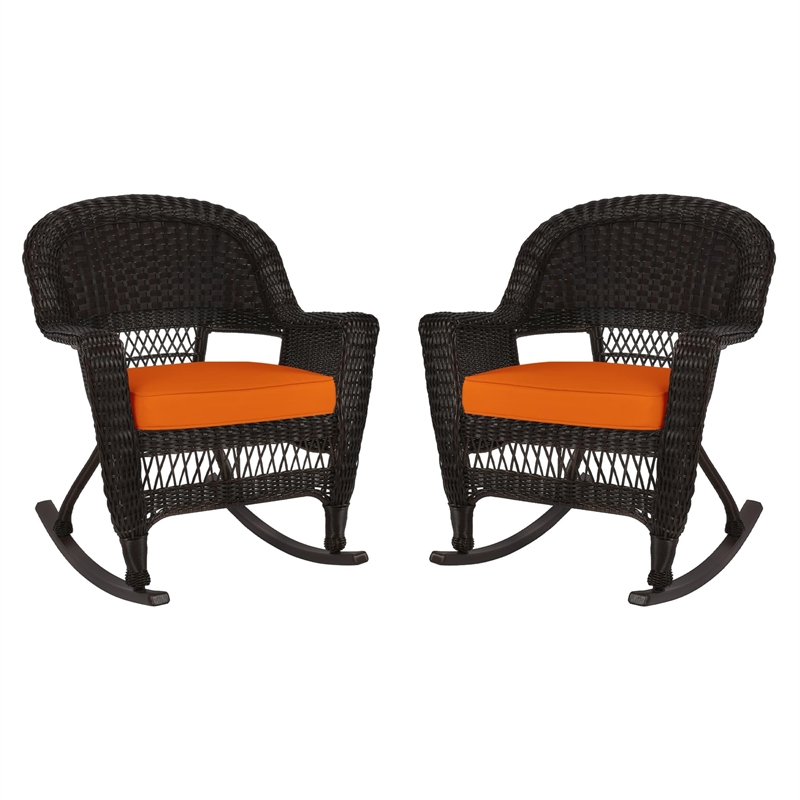 Pemberly Row Wicker Rocker Chair in Black with Orange Cushion (Set of 2)