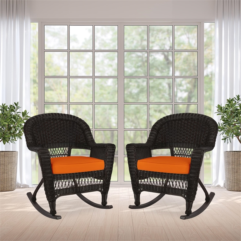 Pemberly Row Wicker Rocker Chair in Black with Orange Cushion (Set of 2)
