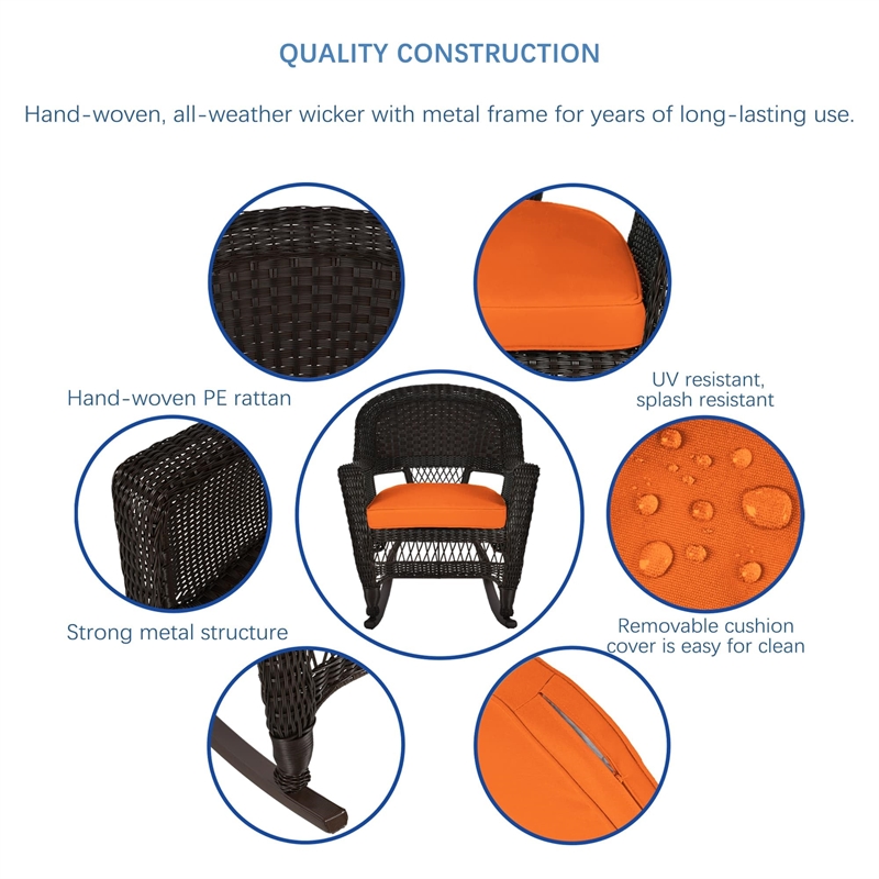 Pemberly Row Wicker Rocker Chair in Black with Orange Cushion (Set of 2)