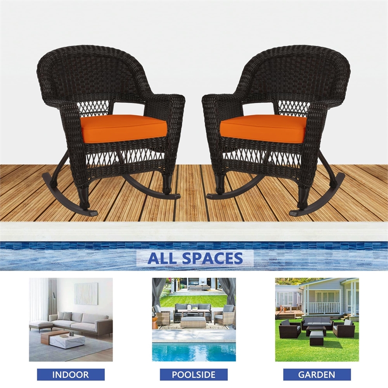 Pemberly Row Wicker Rocker Chair in Black with Orange Cushion (Set of 2)