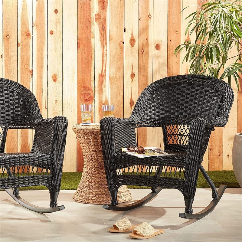 Pemberly Row Wicker Rocker Chair in Black with Black Cushion (Set of 2)