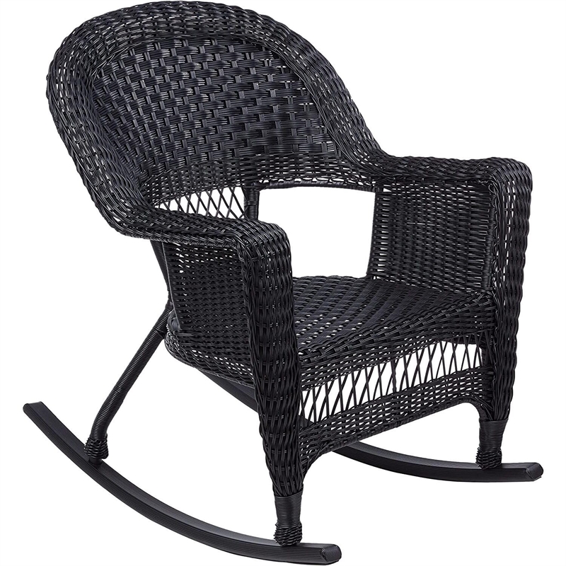 Pemberly Row Wicker Rocker Chair in Black with Black Cushion (Set of 2)