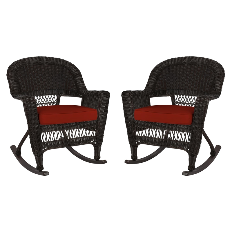 Pemberly Row Wicker Rocker Chair in Black with Red Cushion (Set of 2)