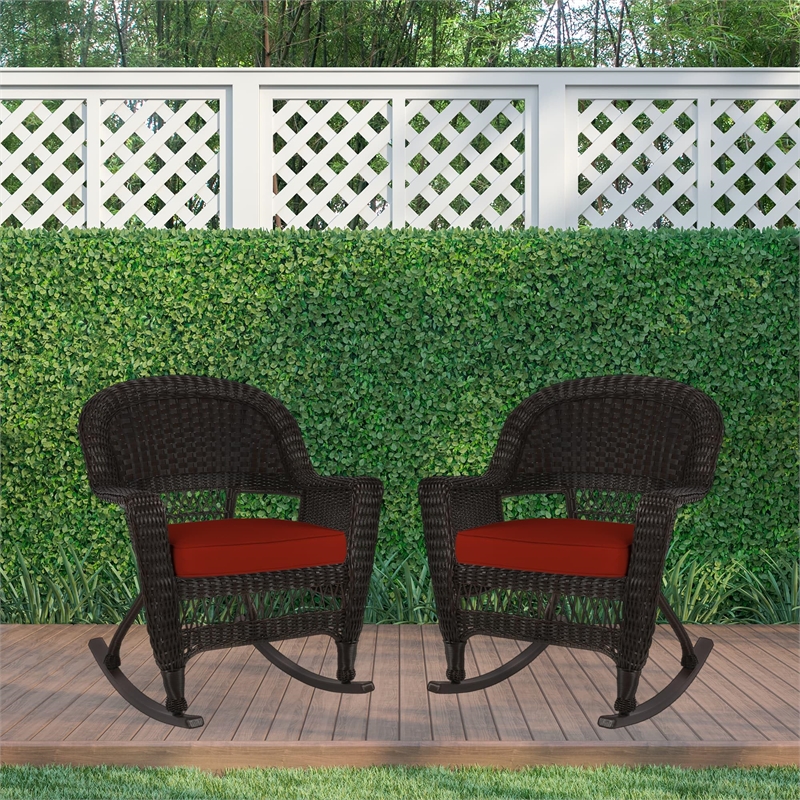 Pemberly Row Wicker Rocker Chair in Black with Red Cushion (Set of 2)