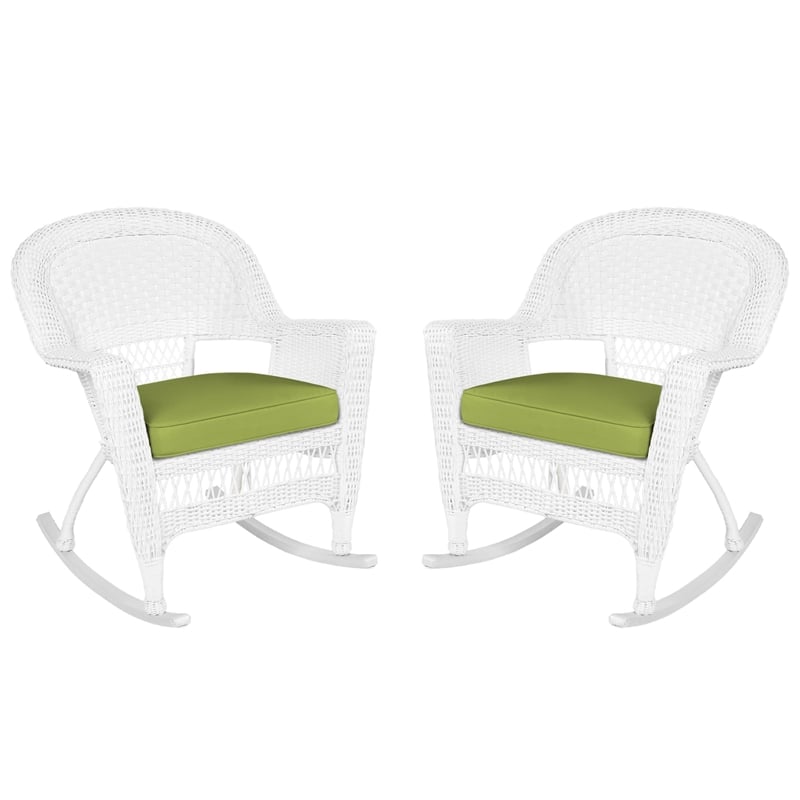 Pemberly Row Wicker Rocker Chair in Black with Green Cushion (Set of 2)