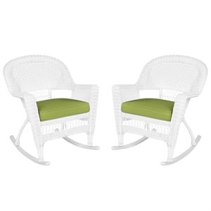 Pemberly Row Wicker Rocker Chair in Black with Green Cushion (Set of 2)