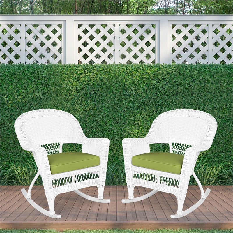 Pemberly Row Wicker Rocker Chair in Black with Green Cushion (Set of 2)