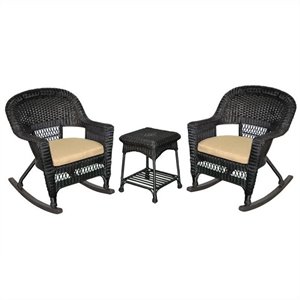Pemberly Row 3pc Wicker Rocker Chair Set in Black with Tan Cushion