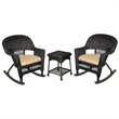 Pemberly Row 3pc Wicker Rocker Chair Set in Black with Tan Cushion