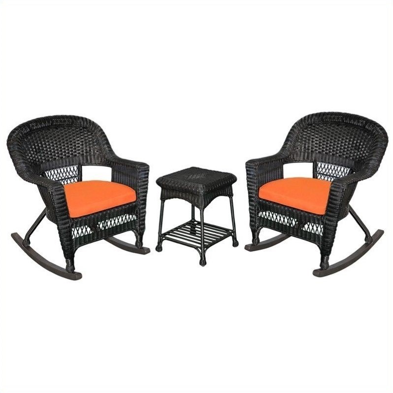 Pemberly Row 3pc Wicker Rocker Chair Set in Black with Orange Cushion