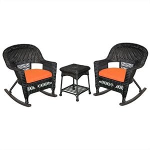 Pemberly Row 3pc Wicker Rocker Chair Set in Black with Orange Cushion