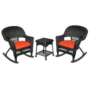 Pemberly Row 3pc Wicker Rocker Chair Set in Black with Red Cushion