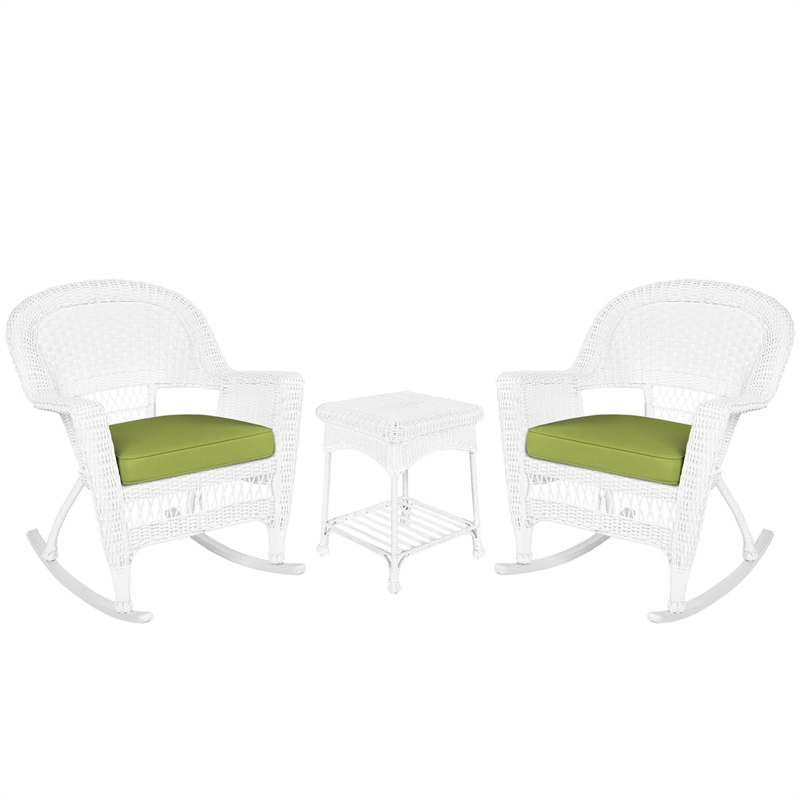 Pemberly Row 3pc Wicker Rocker Chair Set in Black with Green Cushion