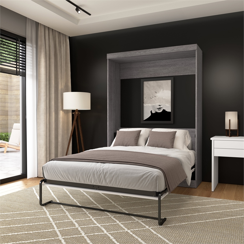 Pemberly Row 59W Transitional Wood / Metal Full Wall Bed in Bark Gray and White