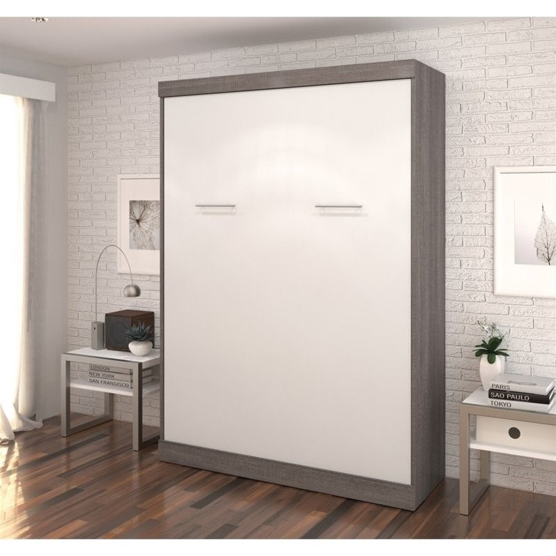 Pemberly Row 59W Transitional Wood / Metal Full Wall Bed in Bark Gray and White