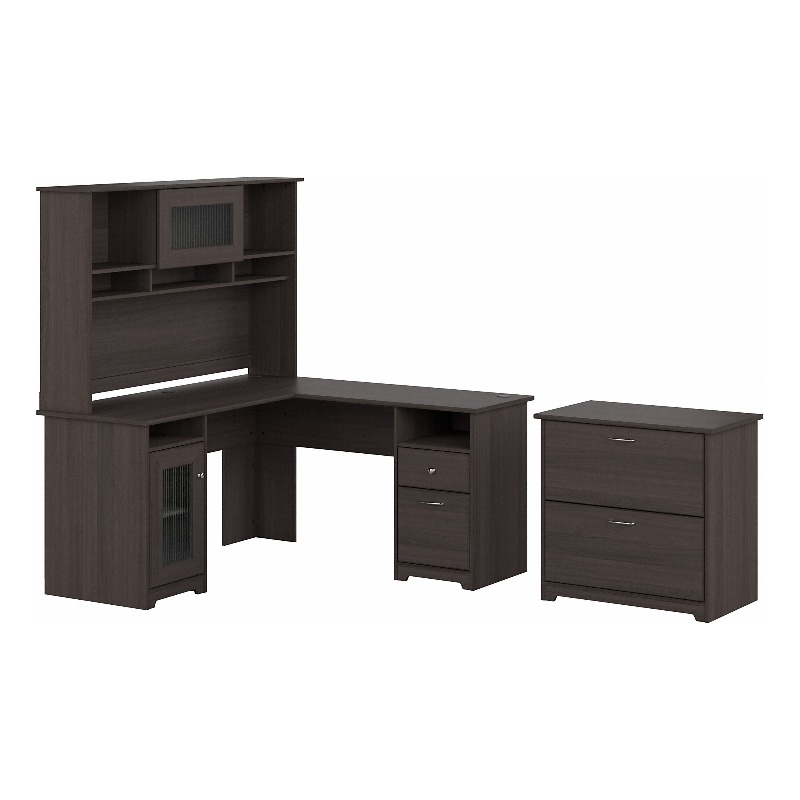 Pemberly Row L Desk with Hutch & File Cabinet in Heather Gray - Engineered Wood
