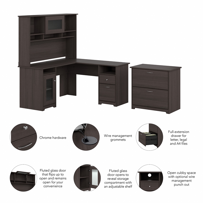 Pemberly Row L Desk with Hutch & File Cabinet in Heather Gray - Engineered Wood