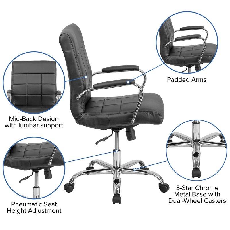 Pemberly Row Mid Back Faux Leather Swivel Office Chair in Black