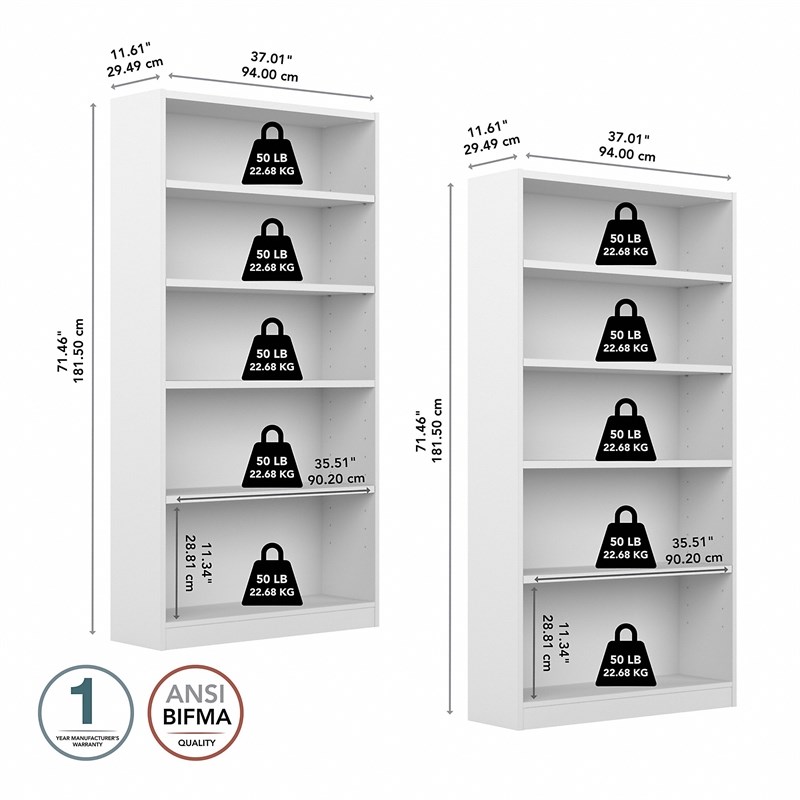 Pemberly Row Universal 5 Shelf Bookcase in Pure White (Set of 2)
