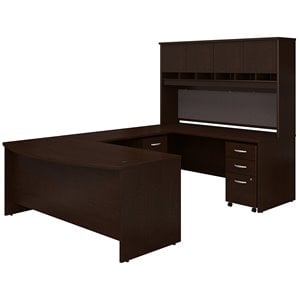 Pemberly Row 72&quotW Bow Front U-Shaped Desk with Hutch and Storage in Mocha Cherry