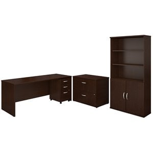 Pemberly Row 72&quotW Office Desk with Bookcase and File Cabinets in Mocha Cherry
