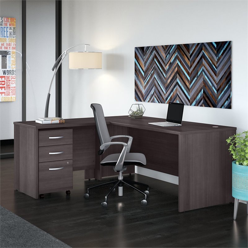 Pemberly Row 72W L Shaped Desk with Drawers in Storm Gray - Engineered Wood