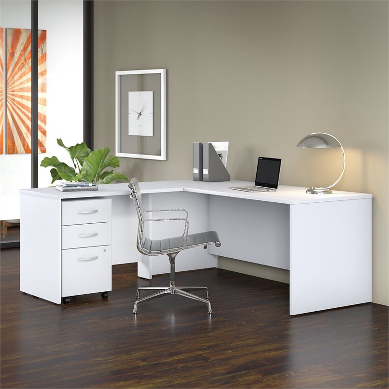Pemberly Row 72W L Shaped Desk with Drawers in White - Engineered Wood