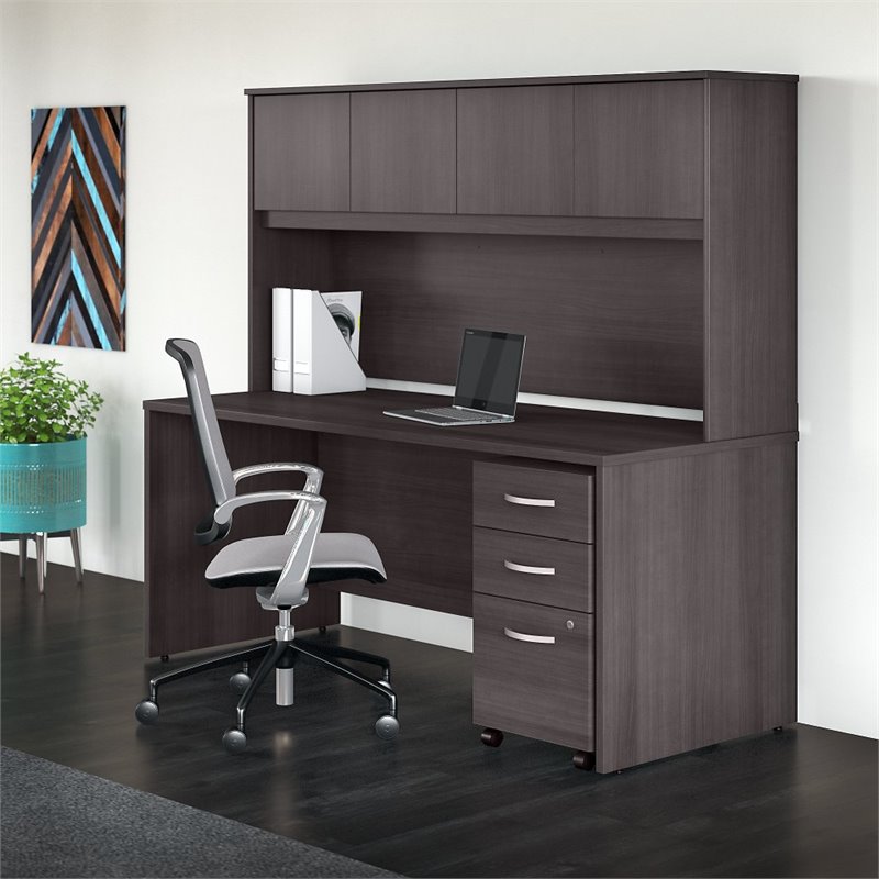Pemberly Row Engineered Wood 72W Office Desk with Hutch and Drawers in Gray