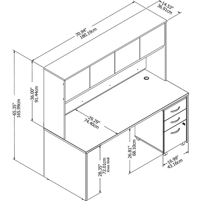 Pemberly Row Engineered Wood 72W Office Desk with Hutch and Drawers in Gray
