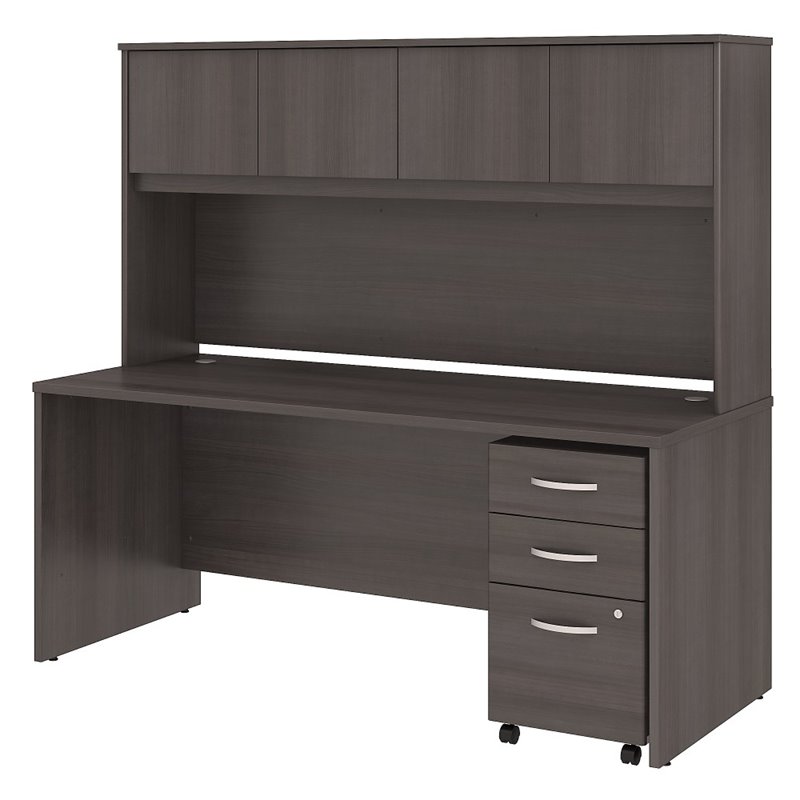 Pemberly Row Engineered Wood 72W Office Desk with Hutch and Drawers in Gray