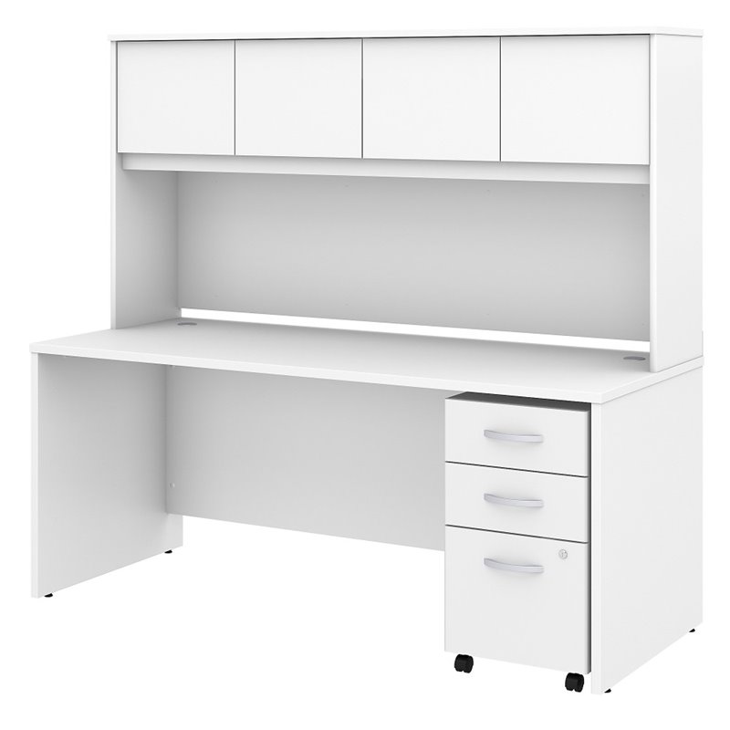 Pemberly Row 72W Office Desk with Hutch and Drawers in White - Engineered Wood