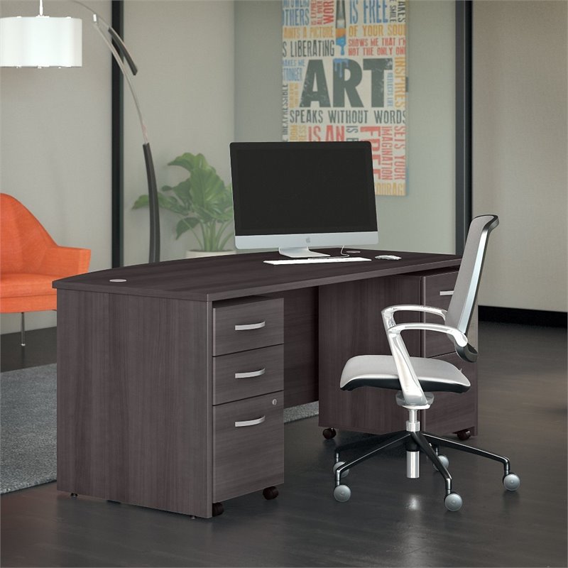 Pemberly Row Engineered Wood 72W Bow Front Desk with File Cabinets in Storm Gray