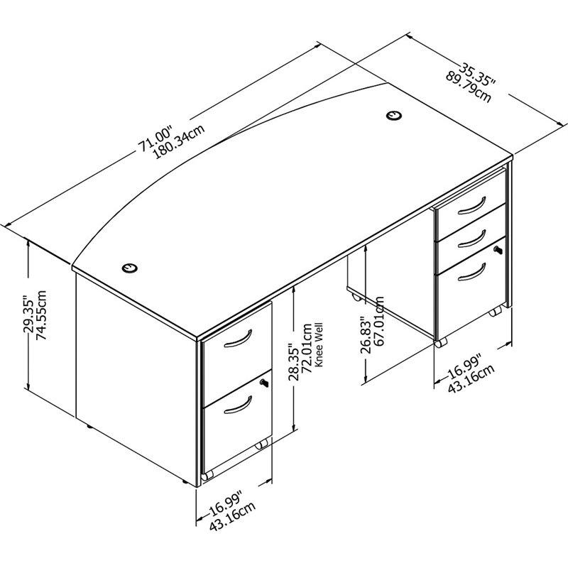 Pemberly Row Engineered Wood 72W Bow Front Desk with File Cabinets in Storm Gray