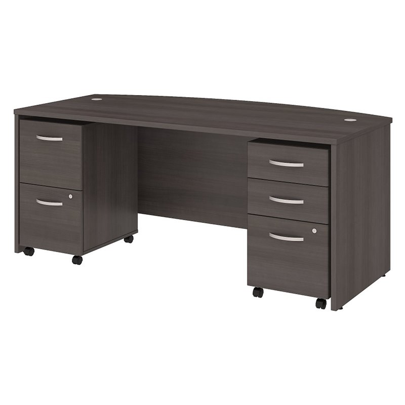 Pemberly Row Engineered Wood 72W Bow Front Desk with File Cabinets in Storm Gray