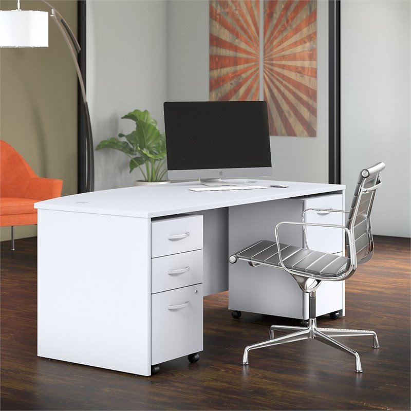 Pemberly Row 72W Bow Front Desk with File Cabinets in White - Engineered Wood